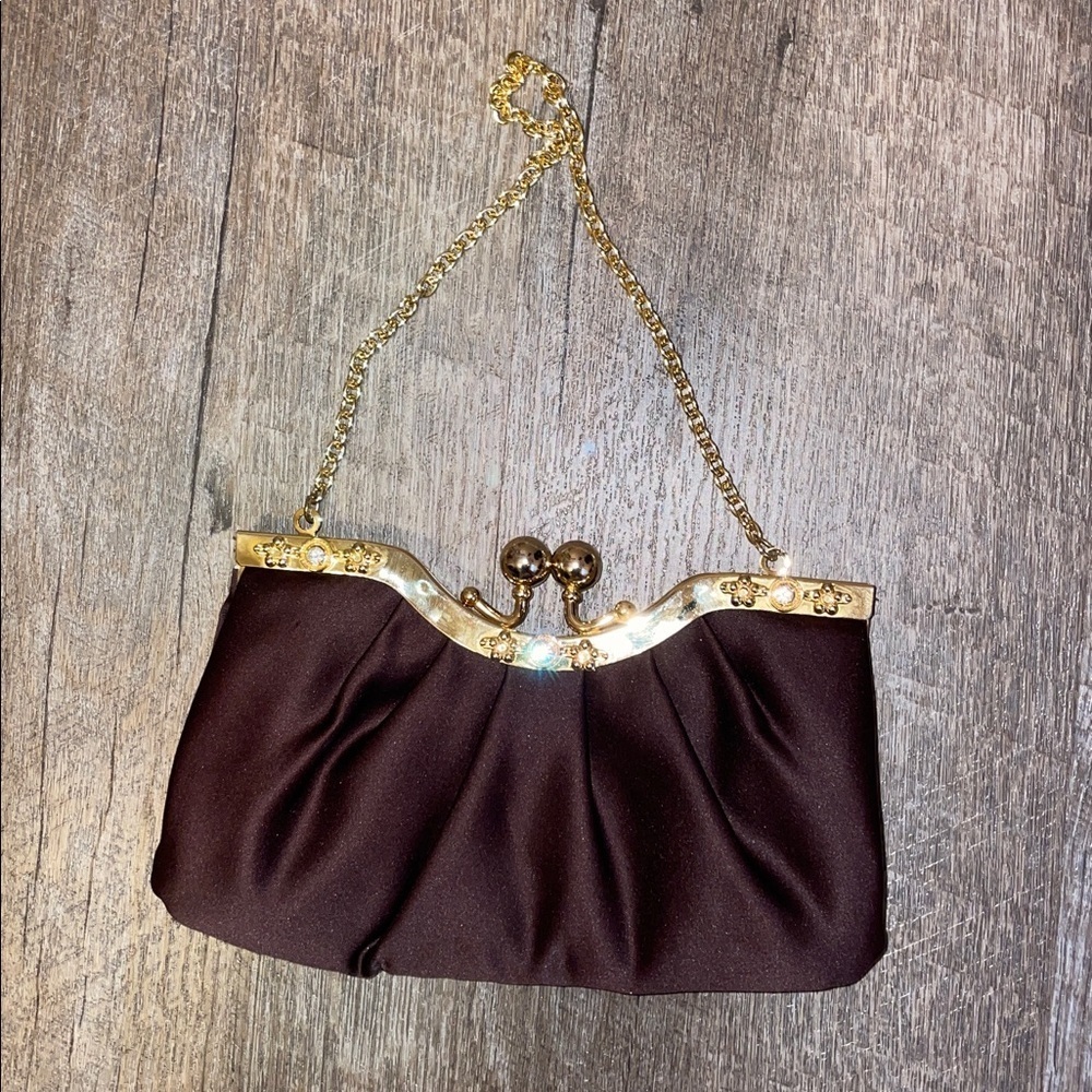 Jessica McClintock Brown Satin Clutch Mini Purse Gold Chain Strap